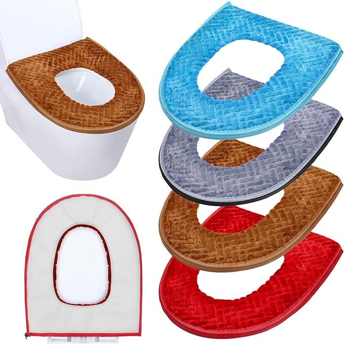 Riakrum 4 Pcs Toilet Seat Covers Pads for Bathroom Comfortable Toilet Seat Cushion Cover Soft Thicker Warmer Washable Pad with Zipper Home Reusable(Elegant,Blue, Gray, Brown, Red)