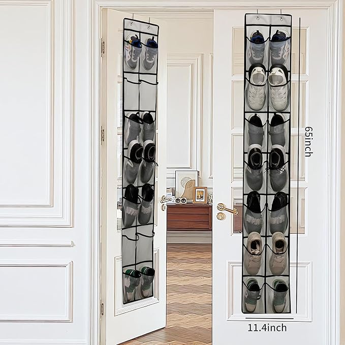 Over The Door Shoe Organizer, 14 Large Mesh Pockets Hanging Shoe Rack for Closet Organizers and Storage, Gray, 2-pack (gray)