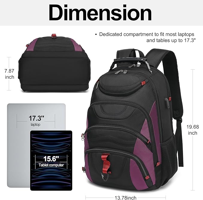 Boavan Laptop Backpack for men, 17.3 inch Laptop Bag with USB Port, Waterproof Travel Work Backpack Purse, Anti-Theft Teacher Nurse Doctor Casual Bookbags Office Business backpack，Black& Purple