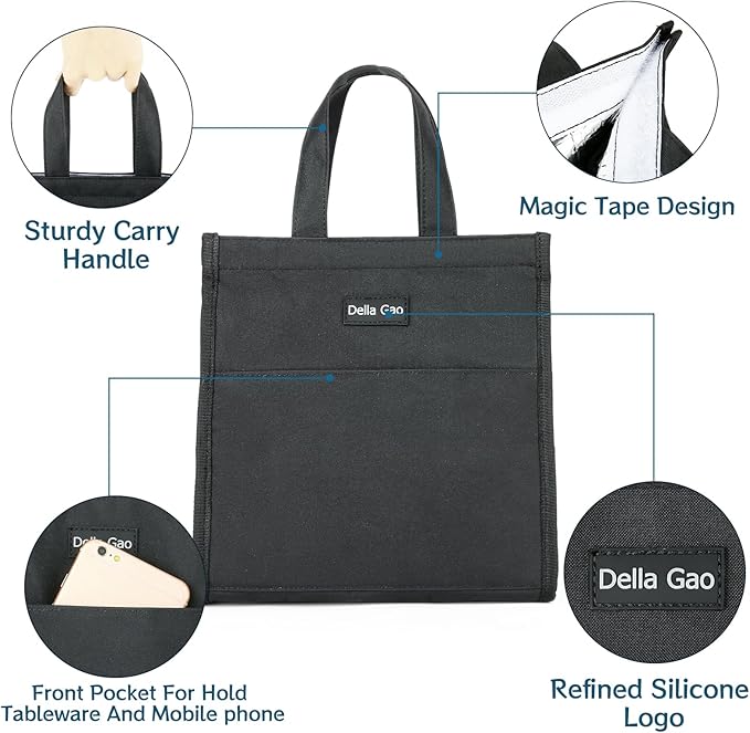 Della Gao Insulated Lunch Bag for Women Men, Waterproof Small Lunch Tote Lunch Box, Reusable Lunch Bags for Work, Party, Travel and Picnic (Black)