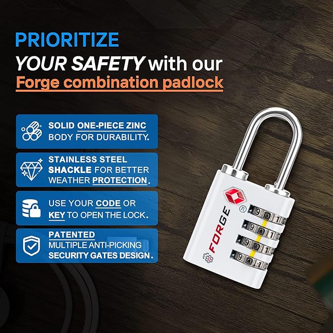Forge Dual-Opening: Key or Combination Access Lock, TSA Approved Locks for Luggage, Pelican case, Travel, Gym, School, Stainless Steel Shackle. (White, 2 Pk)
