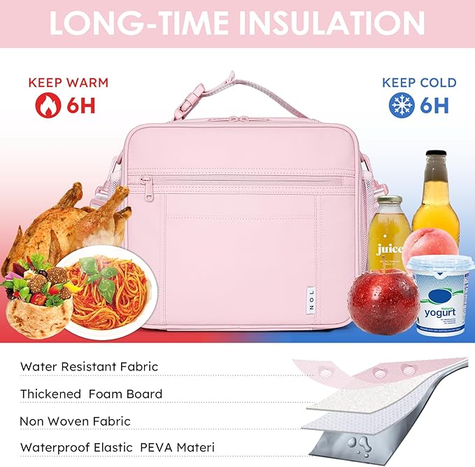 NOL Kids Lunch Bag - Kids 3+ Reusable Insulated Lunch Box with Zipper Closure Buckle Handle Adjustable Long Shoulder Strap, Easy-Clean Waterproof Fabric, Children Lunch Tote Bag for School -Pink