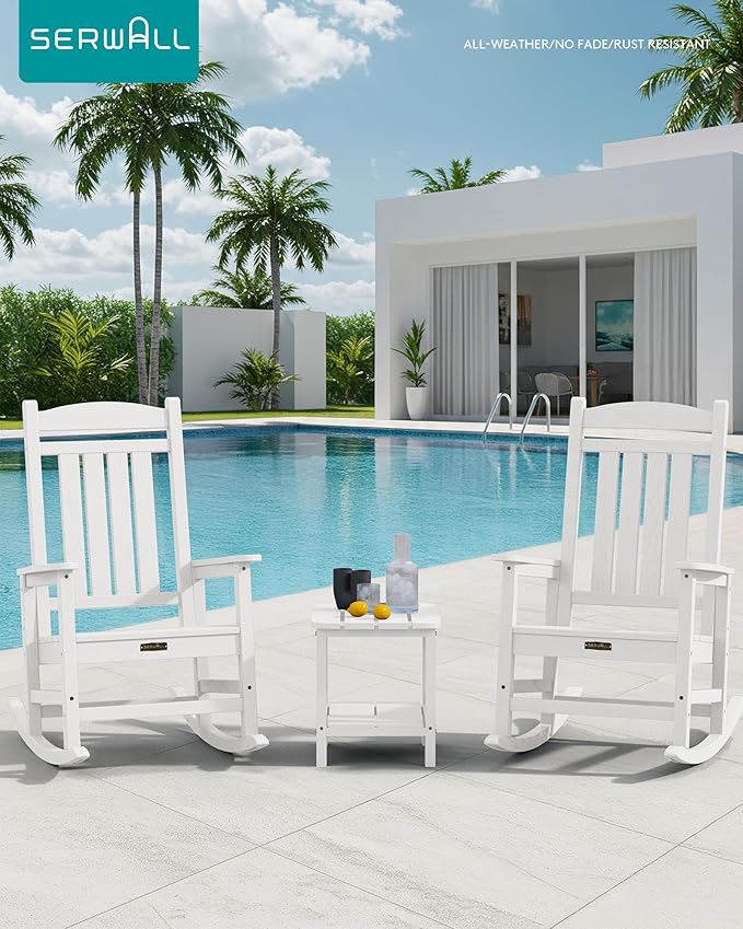 SERWALL Outdoor Rocking Chair, HDPE Patio Rocking Chair All-Weather Porch Rocker for Balcony, Yard, White