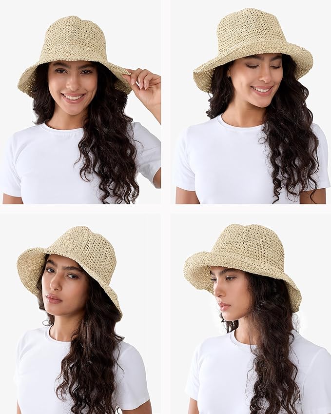 Womens Wide Brim Straw Sun Hat Foldable Floppy Crochet Beach Hat for Summer