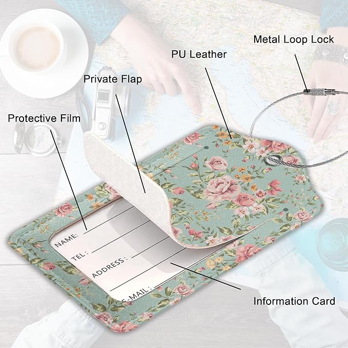 2Pcs Luggage Tag for Suitcase Vintage Floral Shabby Chic Pink Rose Cute Suitcase Tag with Privacy Flap & Name ID Label & Metal Loop,Travel Bag Luggage Tags for Women