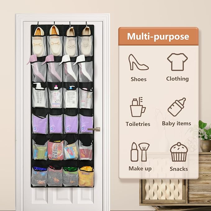 FENTEC 24 Pocket Over Door Shoe Organizer, Mesh Closet Shoe Holder, Black