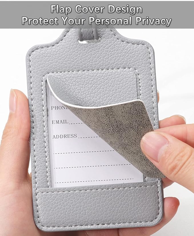 Teskyer Luggage Tags, 3 Pack Premium PU Leather Luggage Tags for Suitcases, Privacy Protection Travel Bag Tags, Lichee Gray