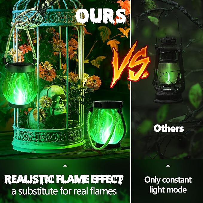 Halloween Solar Flame Lantern Hanging Outdoor Waterproof Purple - 2 Pack Flame Lanterns with Dual Charging Modes of Solar & USB for Garden or Yard Halloween Decorations (Green - 2 Pack)