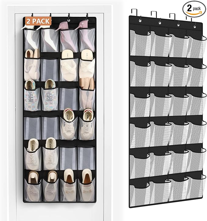 FENTEC 2 Pack Large Over The Door Shoe Organizer, 24 Pockets Mesh Hanging Shoe Organizers, Over Door Organizer, Black