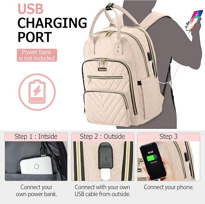 Laptop Backpack for Women, High School Bookbag for Girls with USB Port Charging, 15.6 Inch Water Resistant Computer Bag for Work, Travel College Back Pack Purse Gifts for Student Teacher, Beige