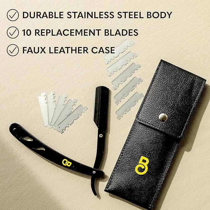 The Beard Club Straight Razor for Men - Navajas Para Barbero - Barber Straight Edge Razor Kit - Premium Single Derby Blade Cutthroat With 10 Replaceable Stainless Steel Blades & Leather Case