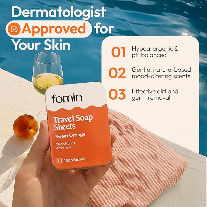 FOMIN - Antibacterial Paper Soap Sheets Tin for Traveling - (300 Sheets) Variety Pack (Unscented, Orange, Lemon) Portable Travel Hand Soap Sheet, Dissolvable Mini Camping Hand Soap for Hand Washing