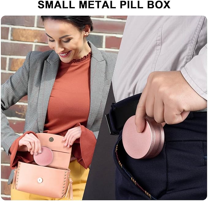 Small Pill Case 2 Compartment Metal Pill Box - Portable Travel Pill Container for Pocket or Purse, Waterproof Pill Organizer for Medicine Vitamin Fish Oil and Supplements