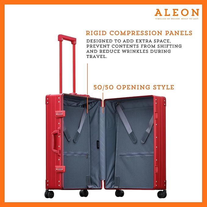 Aleon All Aluminum Lightweight 26" Carry-On Luggage - Hardside Carry-On Suitcase, TSA Approved, Hard Shell Suitcase for Travel, Airline Approved Hard Spinner Wheels Luggage (Ruby)