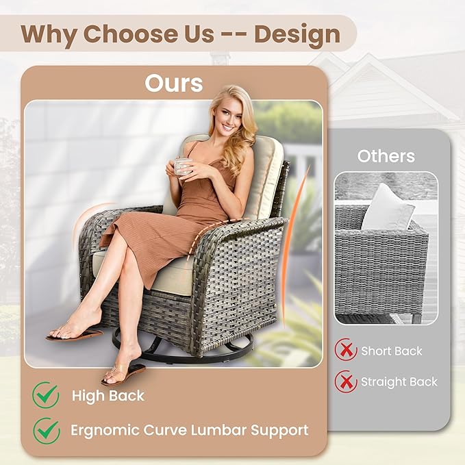 HOOOWOOO Patio Furniture Set,3 Pieces Outdoor Conversation Set,All Weather Wicker High Back Swivel Chairs Bistro Set with Side Table,Beige