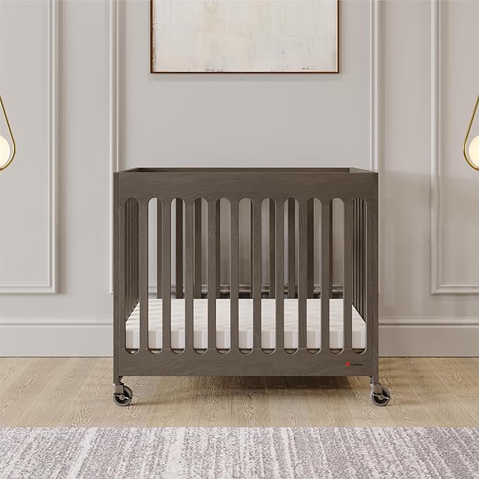 Foundations Boutique Folding Mini Baby Crib - Compact, Portable, Wooden Hotel Crib, Foldable Mini Crib for Baby & Toddlers - Includes 3" Foam Mattress, Dapper Gray