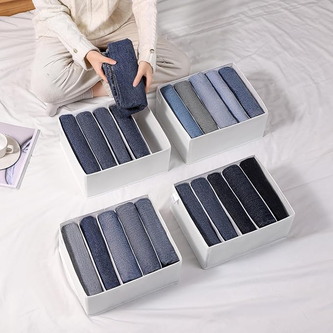 4 Packs Jeans Drawer Organizers for Clothing,5 Grids Compartment Wardrobe clothes organizer,Fabric Washable Closet Organizers and Storage Bins for Jeans,Pants,Bra,Legging,t-shirt-White