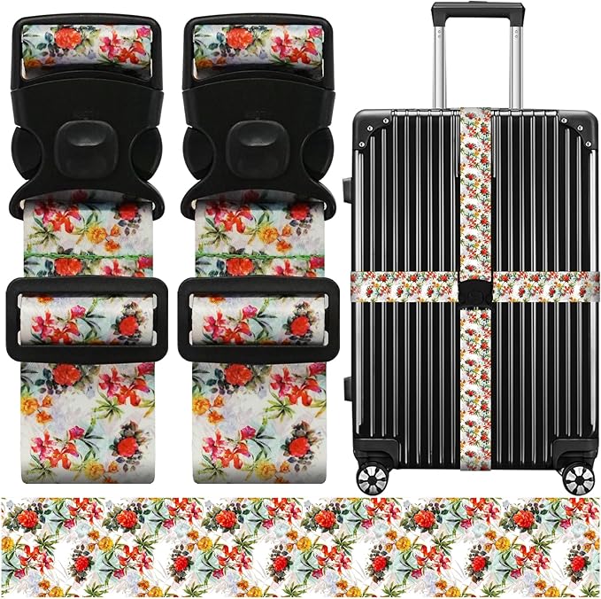 Luggage Straps for Suitcases, Travel Adjustable Belt with Quick Release Buckle, Heavy Duty Nylon Bag Packing Strap, Unique Bright Identifiers Business Travel Accessories (2 Pack) - Red Yellow Flowers