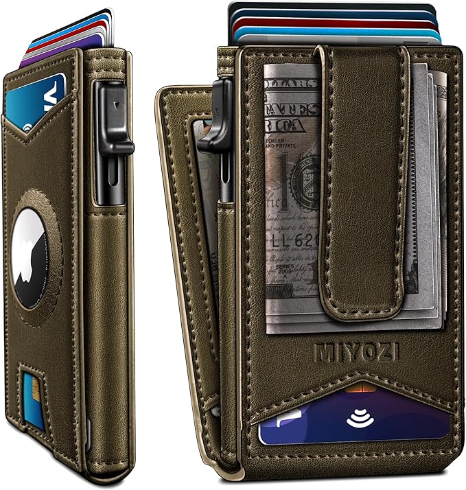 Airtag Wallet for Men,with Money Clip Gift Boxed,Slim Front Pocket Wallet RFID Blocking Metal Case Smart Pop-up Credit Card Holder in Magnetic Leather Flip