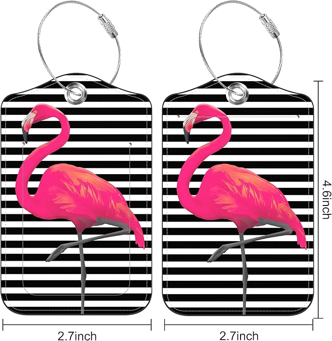 Set of 2 Luggage Tags for Suitcase Pink Flamingos Leather Baggage Tags Set with Stainless Steel Loop Name Address Labels Privacy Cover for Men Women Travel Bag Suitcase, 4.6 x 2.7 inch