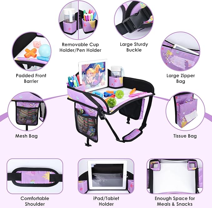 Kids Travel Tray for Airplane - Toddler Car Seat Table Tray, Road Trip Essentials for Boys & Girls, Carseat Lap Desk for Kids Road Trip Activities (Purple Mermaid)