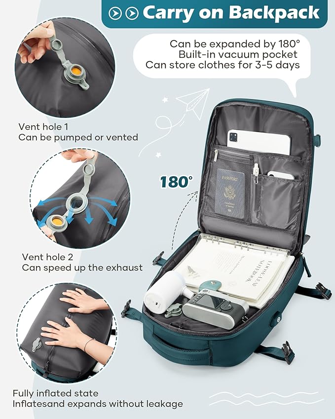 Vacuum Backpack Travel Laptop Backpacks For Women Men Carry On Backpack With Vacuum Compression Bags Seal Packing Personal Item Travel Bag Vacpack Backpacks Without Pump Peacock Blue