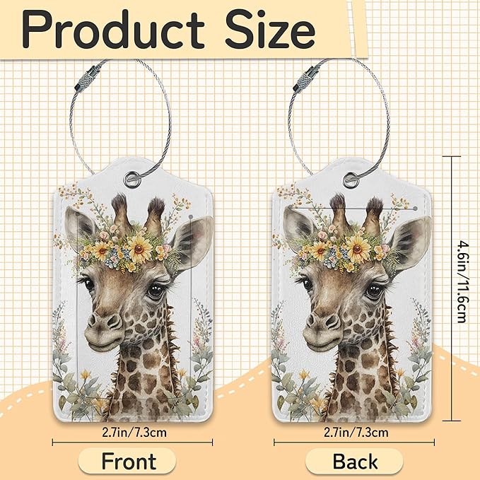 Cute Giraffe Luggage Tags for Suitcase,3 Pack Funny Luggage Tag Leather Privacy Cover ID Label with Stainless Steel Loop for Women Men