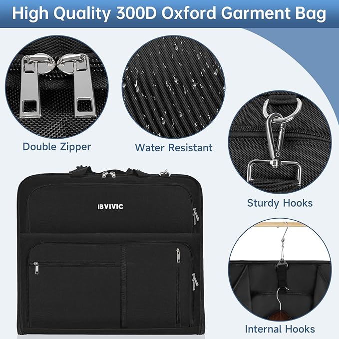 Garment Bags for Travel, 41'' Water-Resistant Carry On Garment Bag for Hanging Clothes, Large Suit Travel Bag Convertible Travel Garment Bag for Shirts, Dresses, Coats (Black)