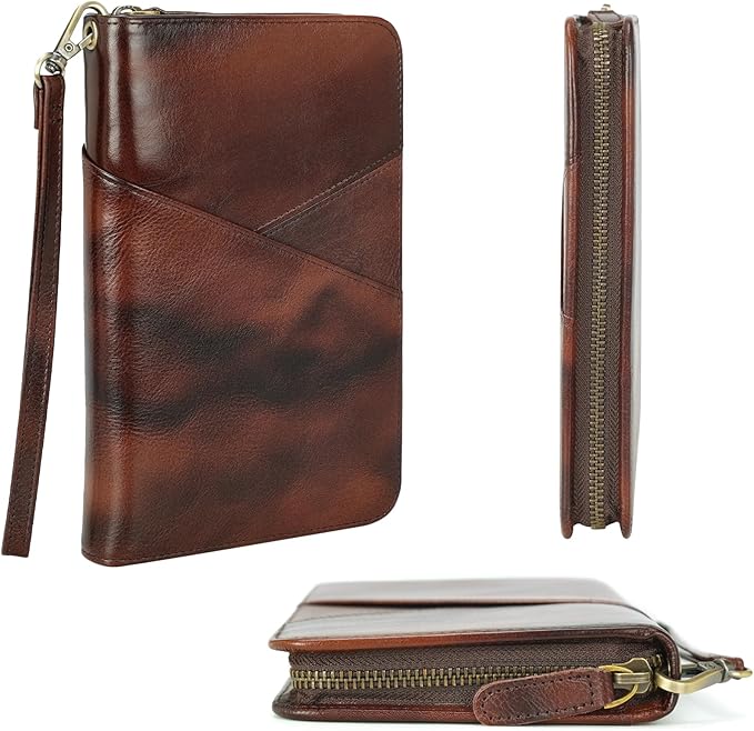 Polare Full Grain Leather Passport Holder With YKK Zipper RFID Blocking Travel Document Organizer Ticket Holder Cover Case Holds 2 Passports (Coffee)