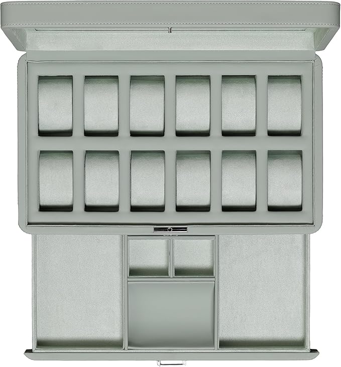 ROTHWELL Luxury Watch Box for 12 Watches – PU Leather Watch Box with Real Glass Lid – Slide out Accessory Drawer with Multiple Compartments (Seafoam)