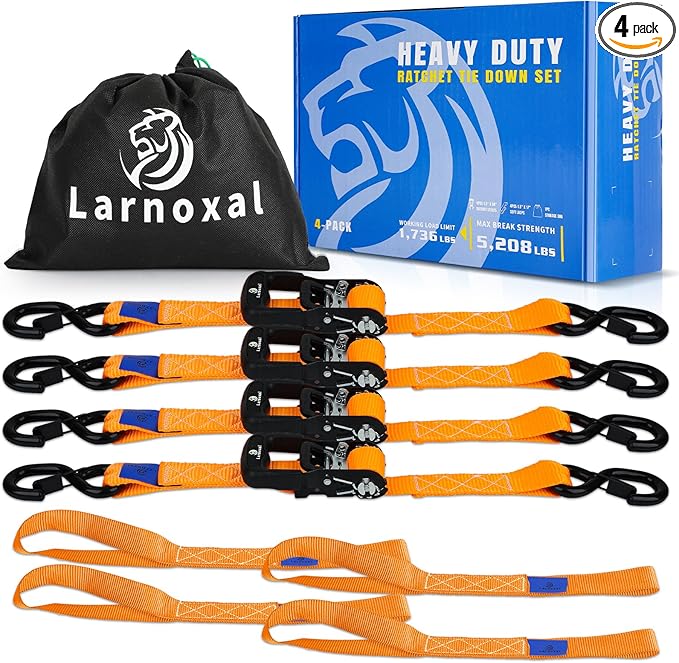 Ratchet Straps 4 Pack - 5,208 Lbs Break Strength 1.5 in x 8.2 Ft Heavy Duty Ratchet Tie Down Straps with S Hooks Set for Truck, Cargo Van, Trailer, Motorcycle (Orange)