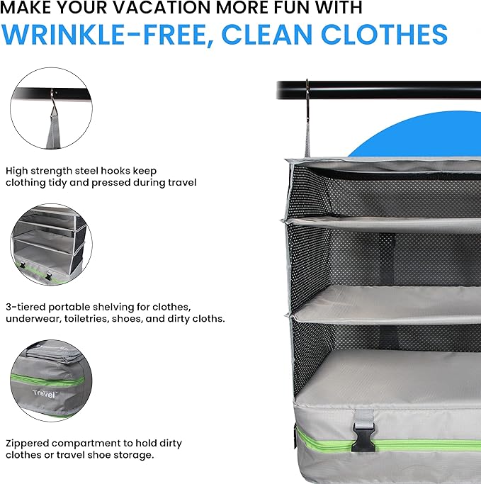 Stow-N-Go Travel Luggage Organizer – Portable Hanging Travel Shelves, Carry-On Closet Organizer, Hanging Packing Cubes, Collapsible Carry-On Organizer for Cruises & Hotels. Light Gray - XL