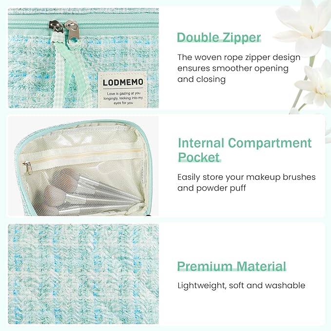 Makeup Bag 3 PCS Quilted Cosmetic Bags for Women, Large Travel Make up Bag Set Cute Cotton Toiletry Bag Organizer Pouch for Purse, Green
