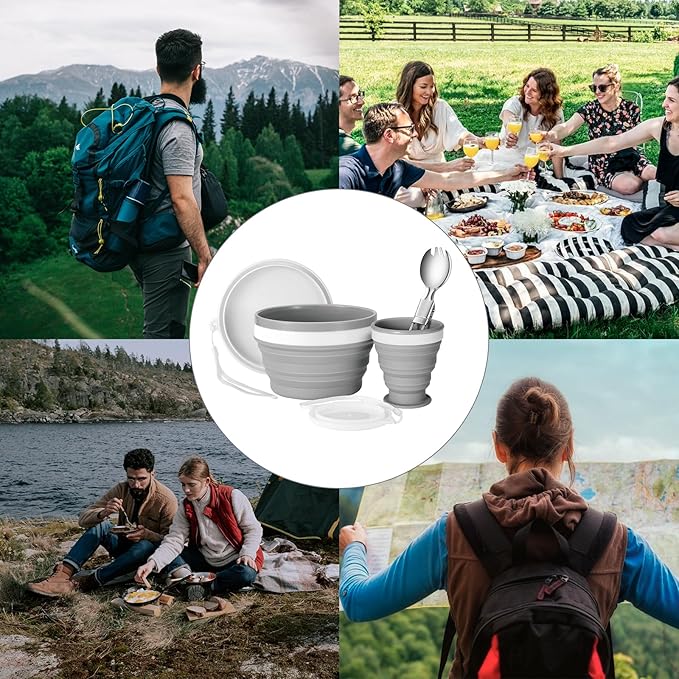 Odoland Camping Mess Kit Silicone Collapsible Bowl, Cup & Stainless Steel Spoon for 1 Person Backpacking Outdoor, Camping, Hiking and Picnic