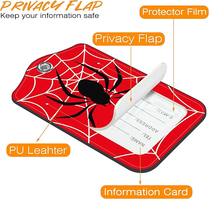 Luggage Tags for Suitcase Spider on Spider Web 2 PCS Leather Travel Luggage Tag with Stainless Steel Loop Name ID Label Privacy Cover for Women Men Travel