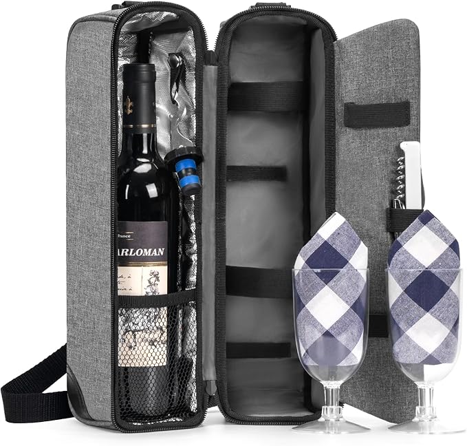ALLCAMP Wine Tote Bag with Cooler Compartment，Picnic Set Carrying Two Sets of Tableware（Gray）