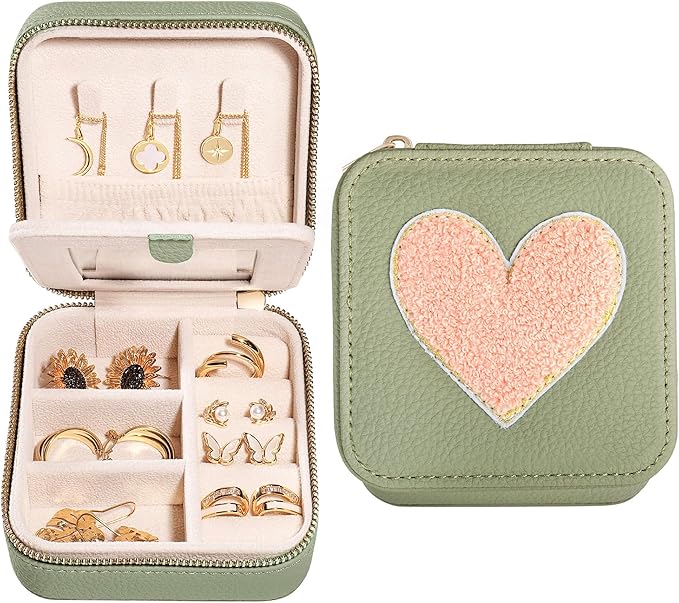 S.Leaf Travel Jewelry Organizer Travel Jewelry Boxes for Women Small Jewelry Travel Case Box Portable Travel Jewelry Case Travel Case Mini Jewelry (03_Lychee_Heart)