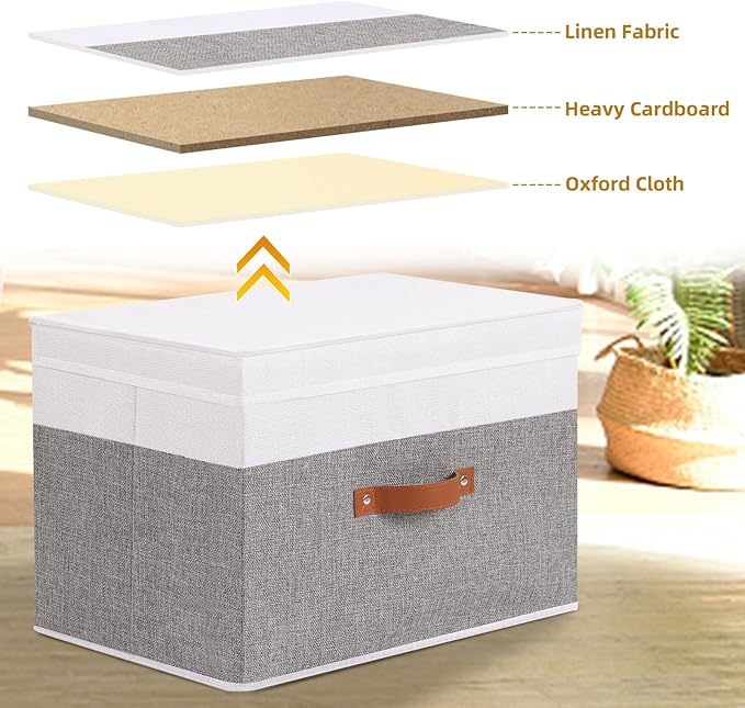 Fabric Storage Boxes with Lids, Linen Foldable Cloth Baskets, 17.7 x 11.8 x 11.8 Inch Closet Organizer Containers with Double Handles, Sweater Bins for Bedroom, White and Grey, 1 Pack