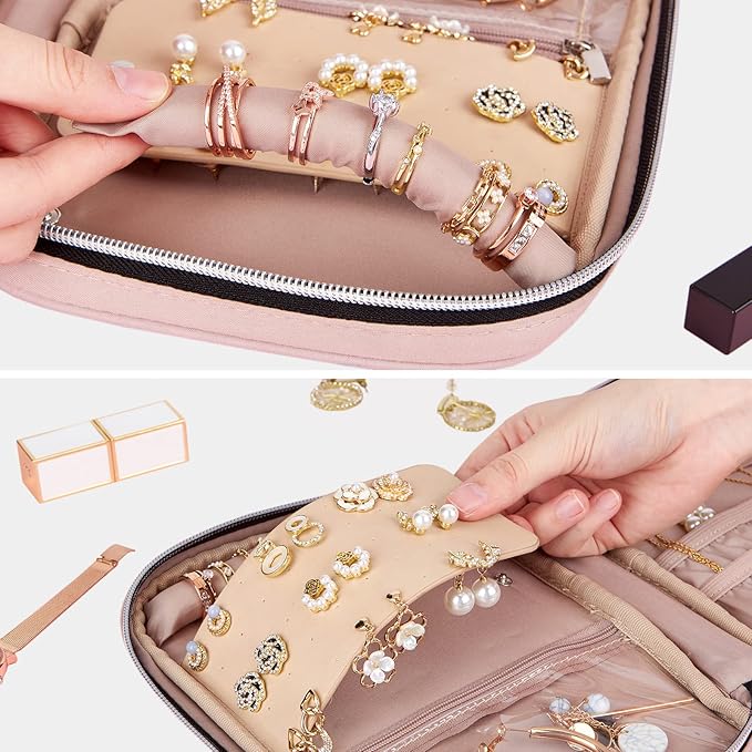 BELALIFE Travel Jewelry Organizer, Portable Storage Case for Earrings, Rings, Necklaces, Bracelets, Pink