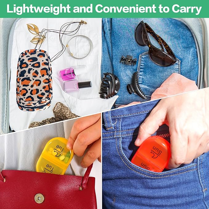 Serfeymi Weekly Travel Pill Organizer 2 Times A Day AM PM Upgraded Rainbow Pill Box 7 Day with Portable Zipper PU Leather Pill Case, Medicine Organizer for Pills, Vitamins, Fish Oils - Brown 02
