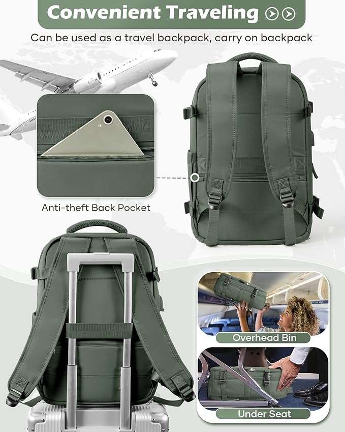 Vacuum Backpack Travel Laptop Backpacks For Women Men Carry On Backpack With Vacuum Compression Bags Seal Packing Personal Item Travel Bag Vacpack Backpacks With Pump Olive Green