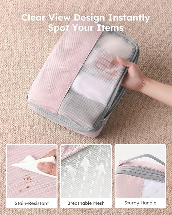 6 Set Compression Packing Cubes for Travel, Bonus Versatile Drawstring Backpack, Lightweight Luggage Organizer Bags, Sturdy Travel Accessories for Suitcase, Pink