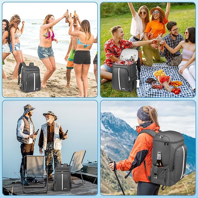 Backpack Cooler Insulated Leak Proof 35 Cans, 2 Insulated Compartments Thermal Bag, Portable Lightweight Beach Travel Camping Lunch Backpack for Men and Women, 30L, Reflective Stripes, Water-Resistant