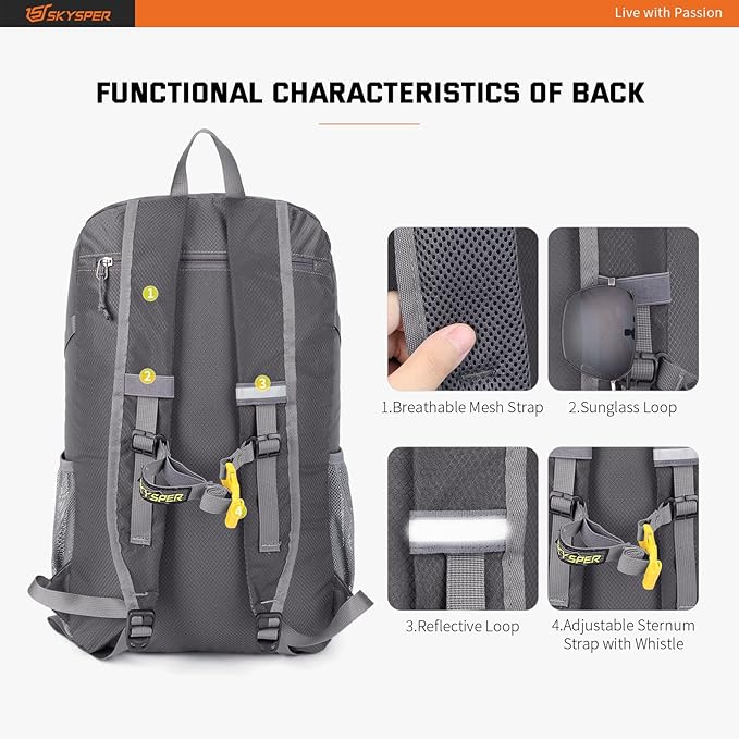 SKYSPER Lightweight Packable Backpack - 30L Hiking Daypack with Wet Pocket Foldable Travel Carry-on Backpack for Women Men