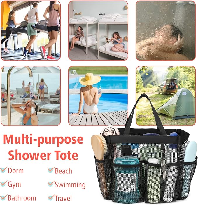 F-color Mesh Shower Caddy Portable with Dividers - Upgrade Deeper 7 Pockets Dorm Room Essentials with S Hook, Shower Bag Basket Tote for Guys Girls College Camping Toiletry Bathroom, Black