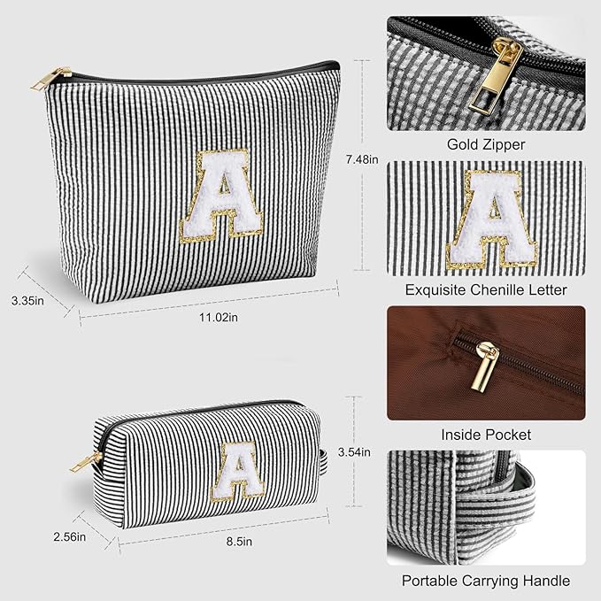 YOOLIFE Travel Makeup Bag Cosmetic Bag - Make Up Bag with Makeup Brush Bag Monogram Makeup Pouch Bag 2 Pieces Cute Makeup Bag Personalized Gifts Best Friend Birthday Gifts for Women Black Letter Y