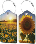Luggage Tags for Suitcase,Field Sunflowers Sunset Luggage Tags of Set 2 Leather Identifiers Privacy Cover with Stainless Steel Loop for Women Men Travel Bag Suitcase