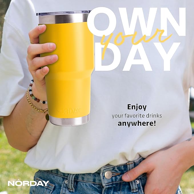 NORDAY | Tumbler with Lid - 30oz - Yellow Insulated Tumbler - Stainless Steel Tumblers - Double Wall Vacuum Insulated Travel Coffee Mug for Car Cup Holder - Keeps Temperature for 24hr - Anti Spill Lid