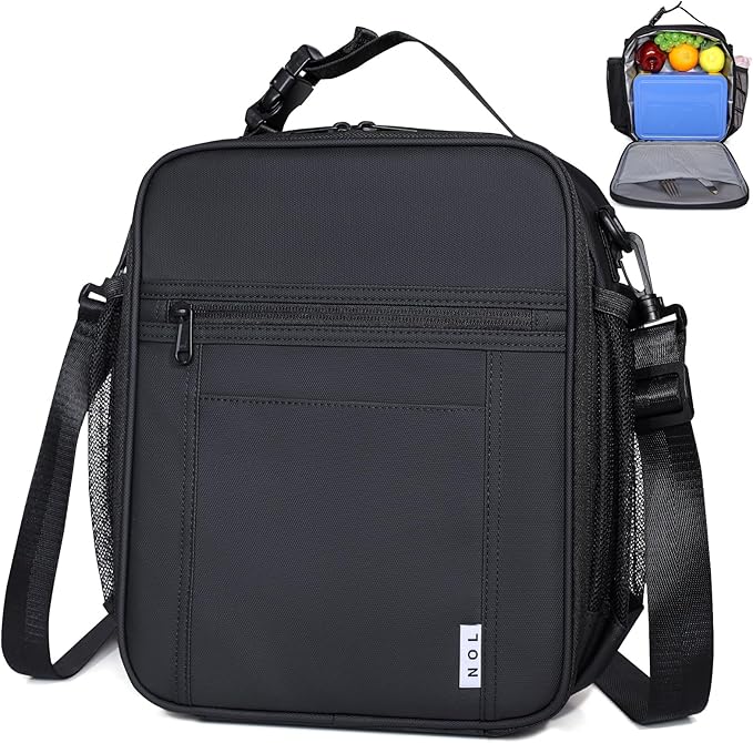 NOL Nylon Waterproof Kids Lunch Bag, Insulated Lunch Bag, Lunch box Cooler, Reusable, Zip Closure with Buckle Handle Holds Lunch Box, Snacks & Water Bottle for School Work,Black