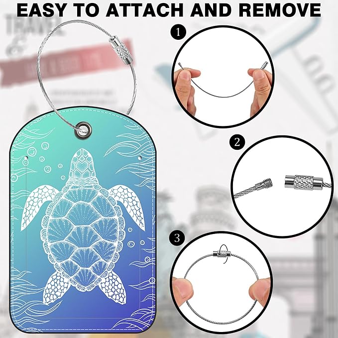 2 Pack Luggage Tag for Suitcase Turtle Leather Suitcase Tags with Privacy Name ID Label and Stainless Steel Loop for Travel Bag